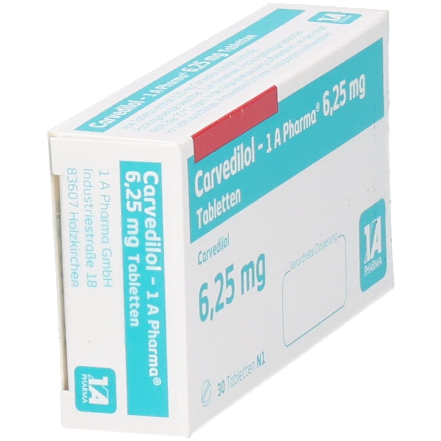 Schachtel Carvedilol 1a Pharma 6,25 mg Tabletten. Aufschrift: 6,25 mg, 30 Tabletten. Logo 1A Pharma. Rote Lasche.