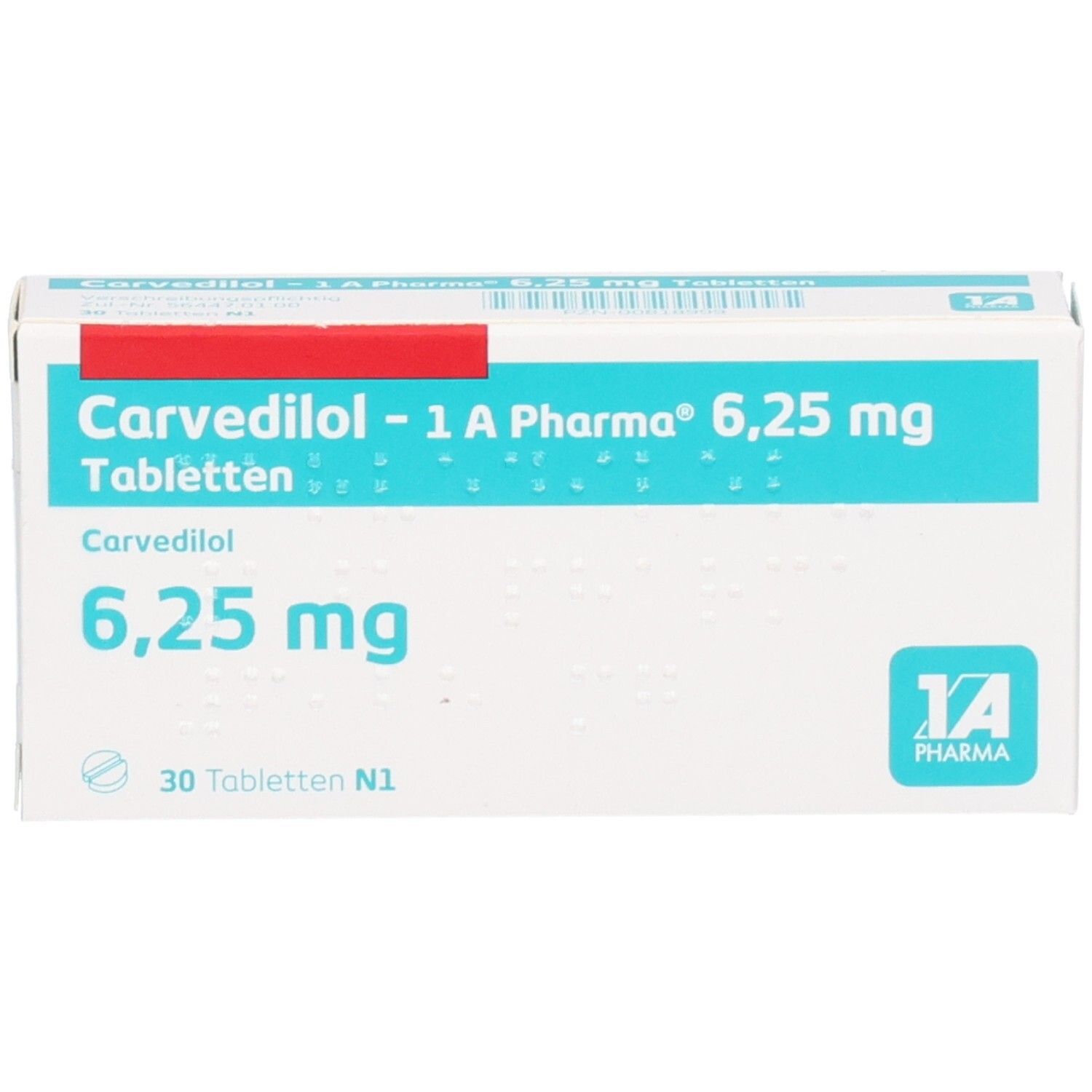 Schachtel mit Carvedilol 1a Pharma 6,25 mg Tabletten. Aufschrift: 6,25 mg, 30 Tabletten. Logo 1A Pharma.
