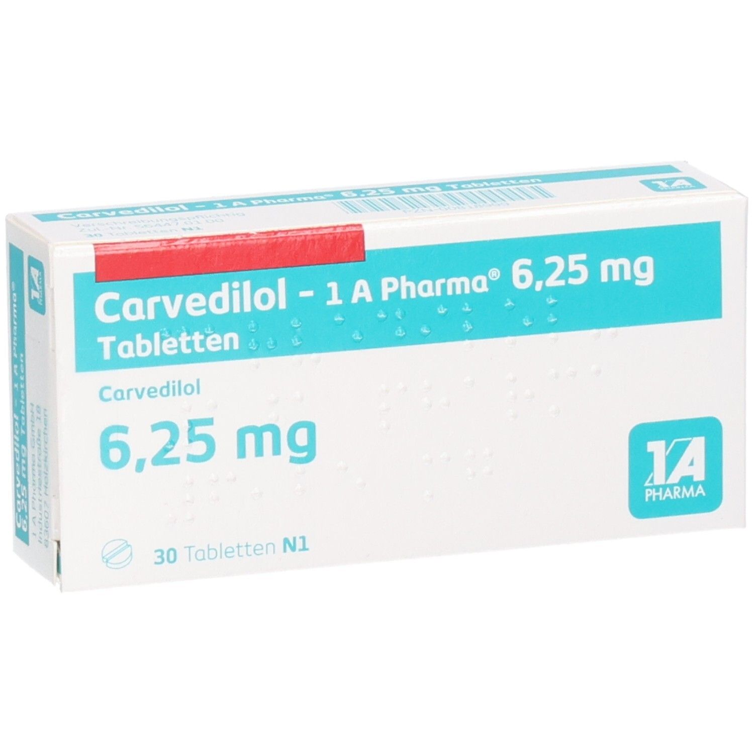 Schachtel mit Carvedilol 1a Pharma 6,25 mg Tabletten. Aufschrift: 6,25 mg, 30 Tabletten. Logo 1A Pharma.