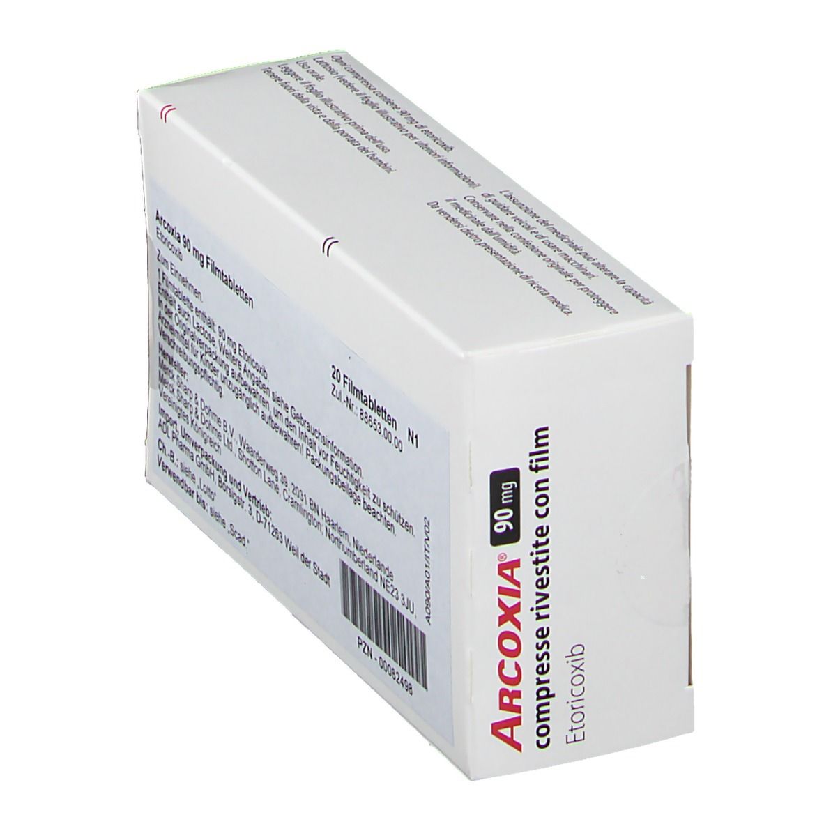 Schachtel ARCOXIA 90 mg, schräg. Aufschrift: compresse rivestite con film, Etoricoxib. 20 Tabletten. Rückseite mit Text.