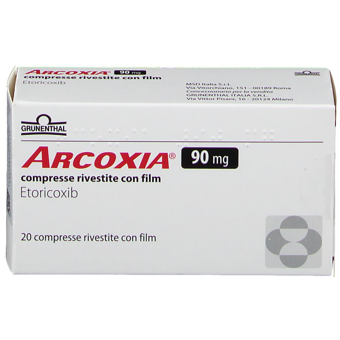 Schachtel mit ARCOXIA 90 mg Tabletten. Aufschrift: compresse rivestite con film, Etoricoxib. 20 Tabletten. Grünenthal Logo.