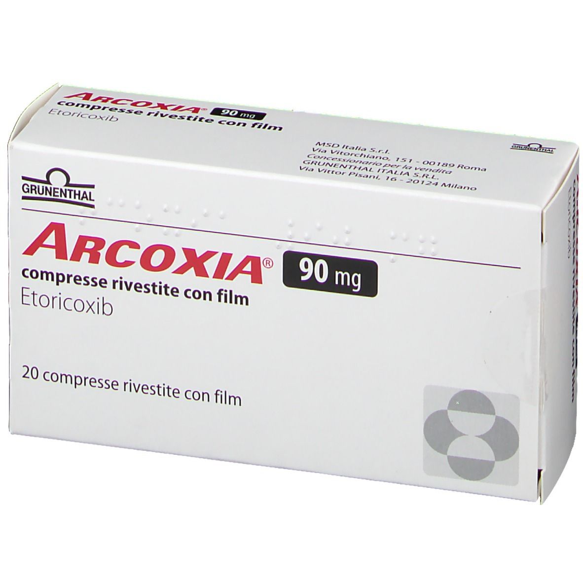 Schachtel mit ARCOXIA 90 mg Tabletten. Aufschrift: compresse rivestite con film, Etoricoxib. 20 Tabletten. Grünenthal Logo.
