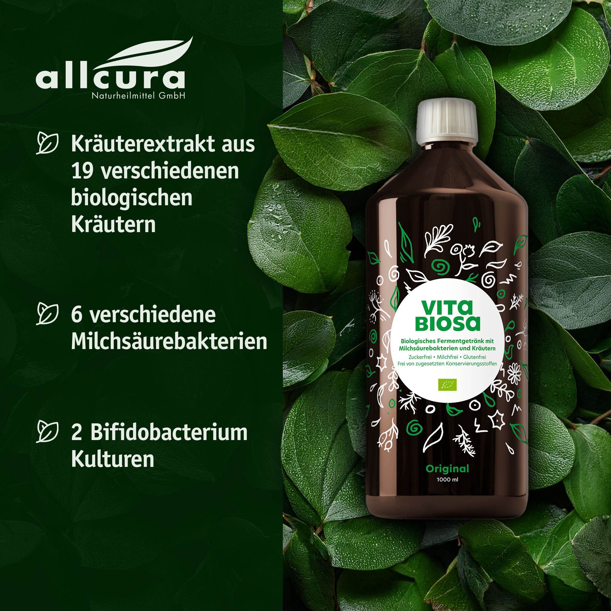 Braune Flasche mit Vita Biosa-Etikett, umgeben von Blättern. Text: Kräuterextrakt, Milchsäurebakterien, Bifidobakterium Kulturen.