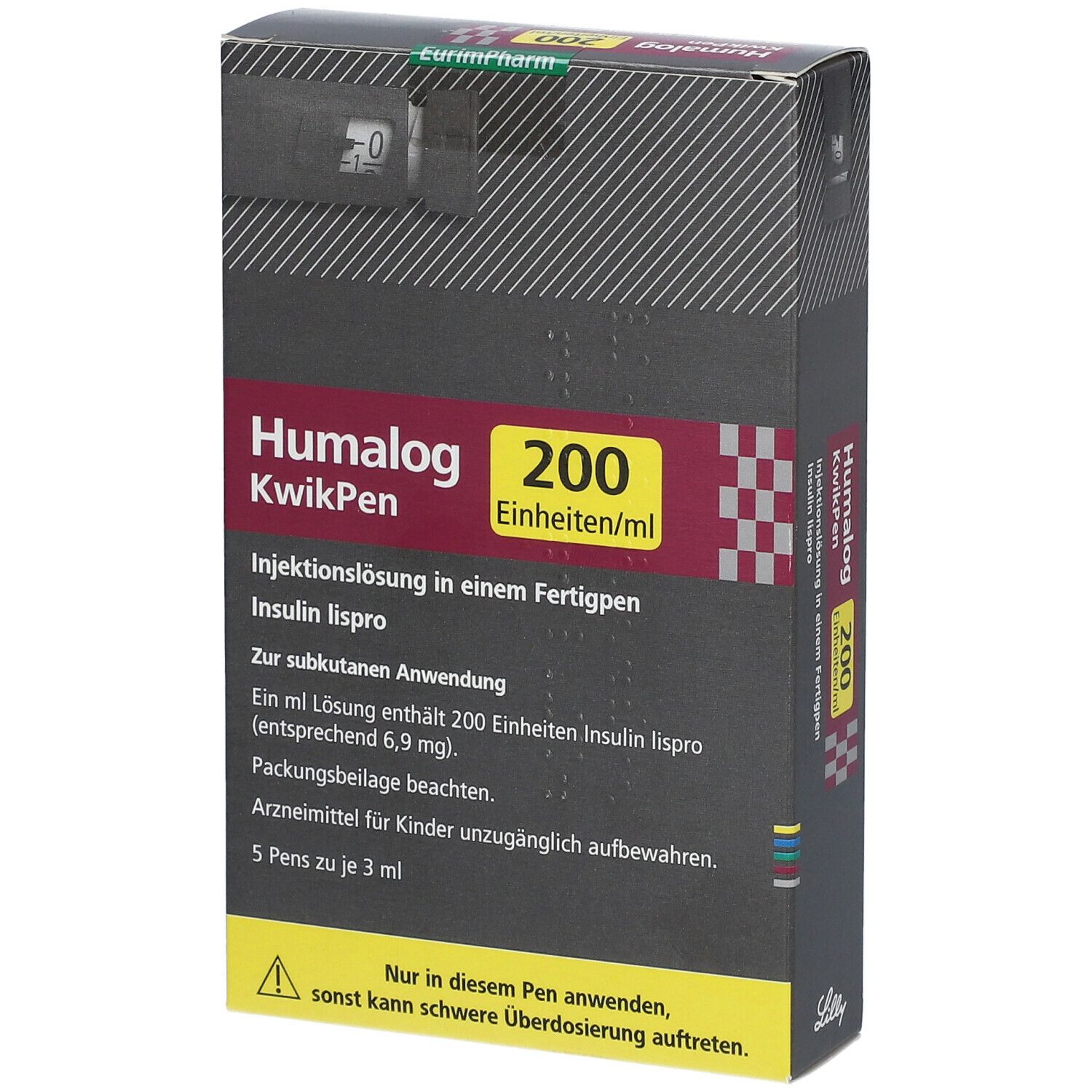 Humalog KwikPen-Verpackung. Enthält 200 Einheiten/ml. Schwarze Schachtel mit Produktnamen und Warnhinweisen. Enthält 5 Pens.