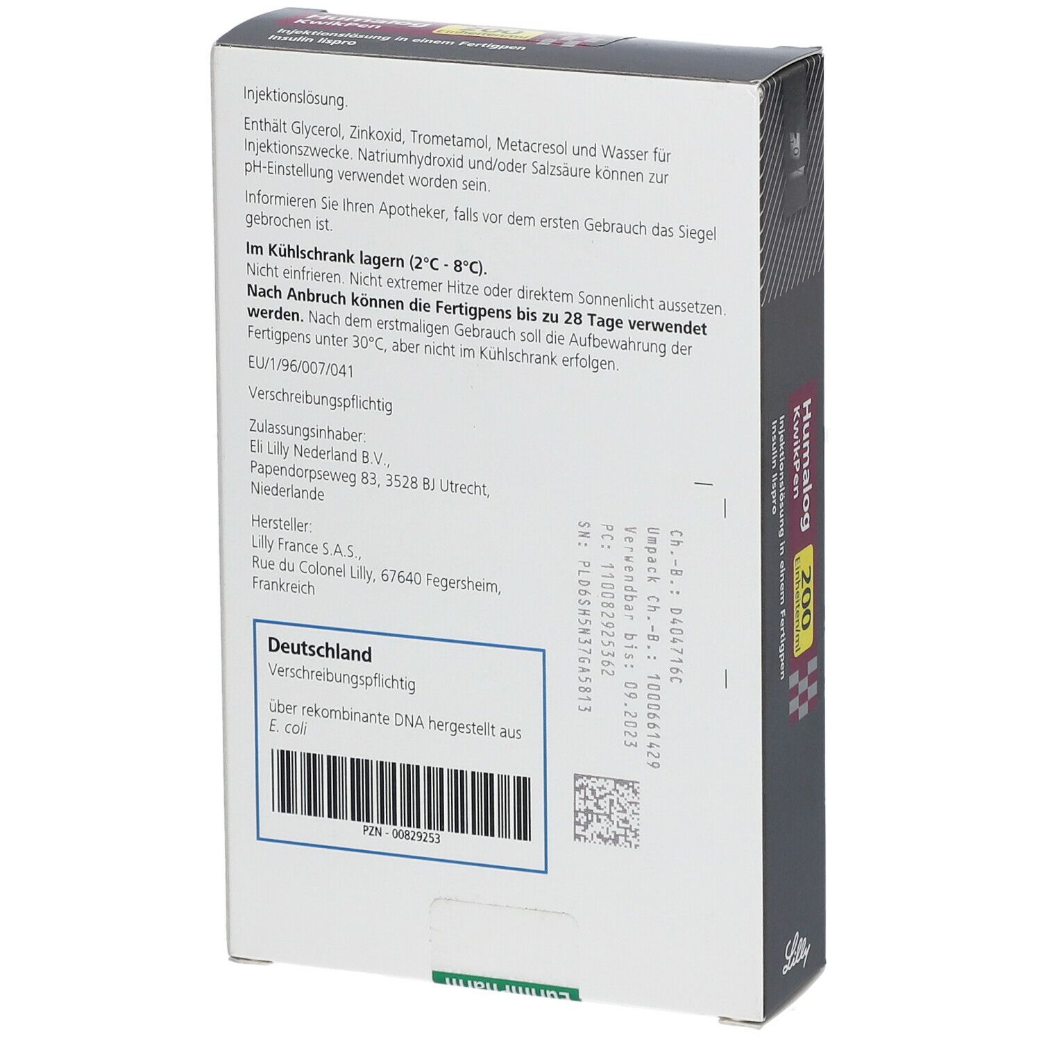Rückseite der Humalog KwikPen-Verpackung. Enthält Informationen zu Inhaltsstoffen, Lagerung und Hersteller. Barcode und Lilly-Logo.