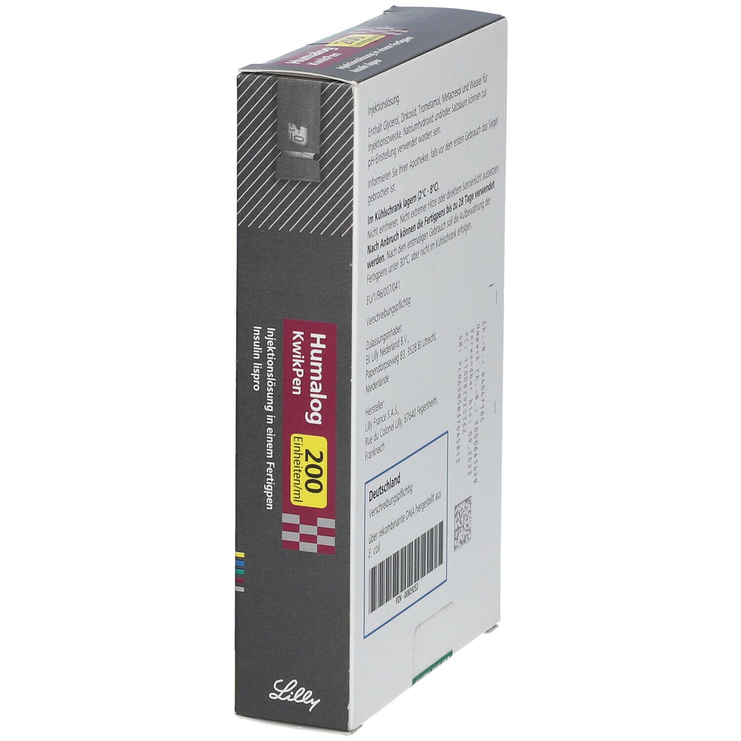 Humalog KwikPen-Verpackung, schräg. Rückseite mit Informationen. Barcode und Lilly-Logo. Schwarze Schachtel.