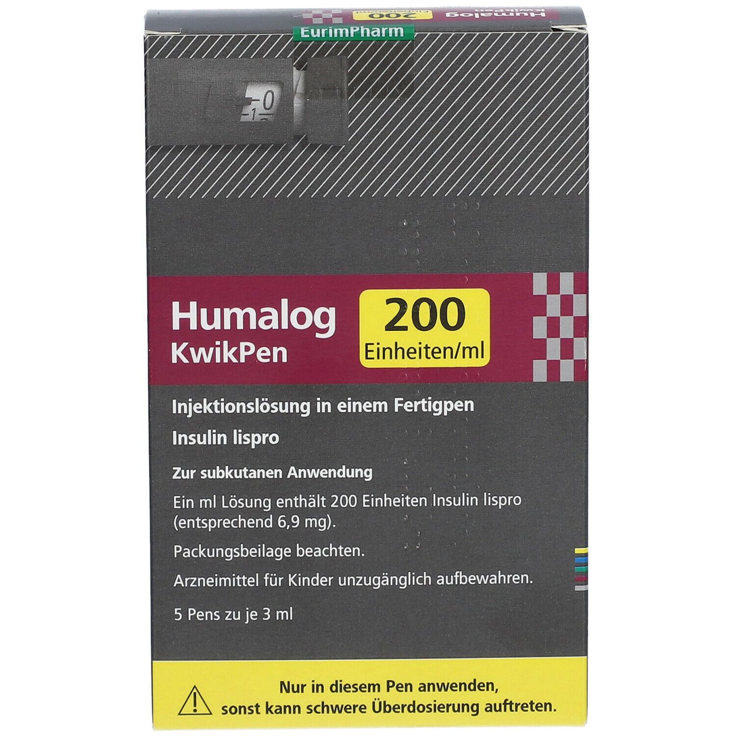 Humalog KwikPen-Verpackung. Schwarze Schachtel mit Produktnamen und 200 Einheiten/ml. Enthält 5 Pens. Warnhinweis.