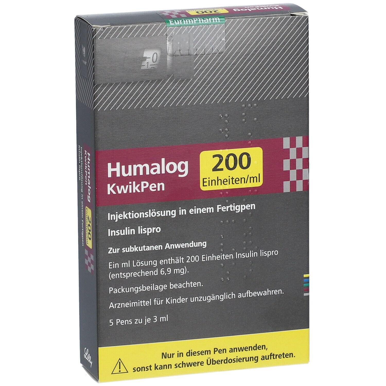 Humalog KwikPen-Verpackung. Schwarze Schachtel mit Produktnamen und 200 Einheiten/ml. Enthält 5 Pens. Warnhinweis.