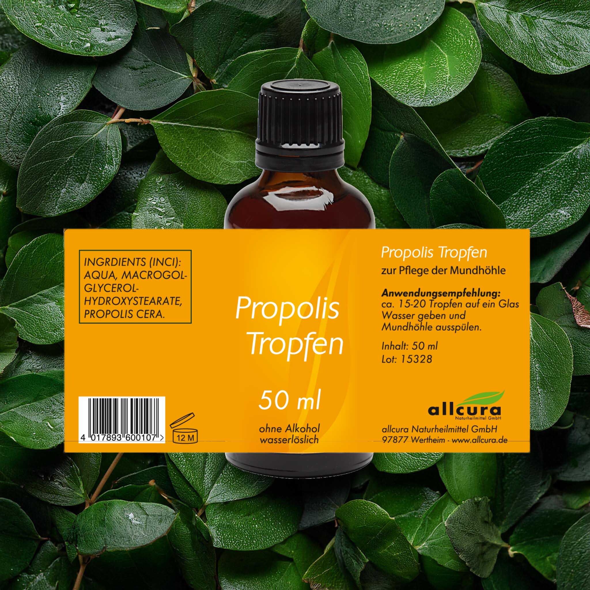 Flasche Propolis Tropfen, 50 ml, ohne Alkohol, auf Blättern. Aufkleber mit Inhaltsstoffen und Anwendungshinweis.
