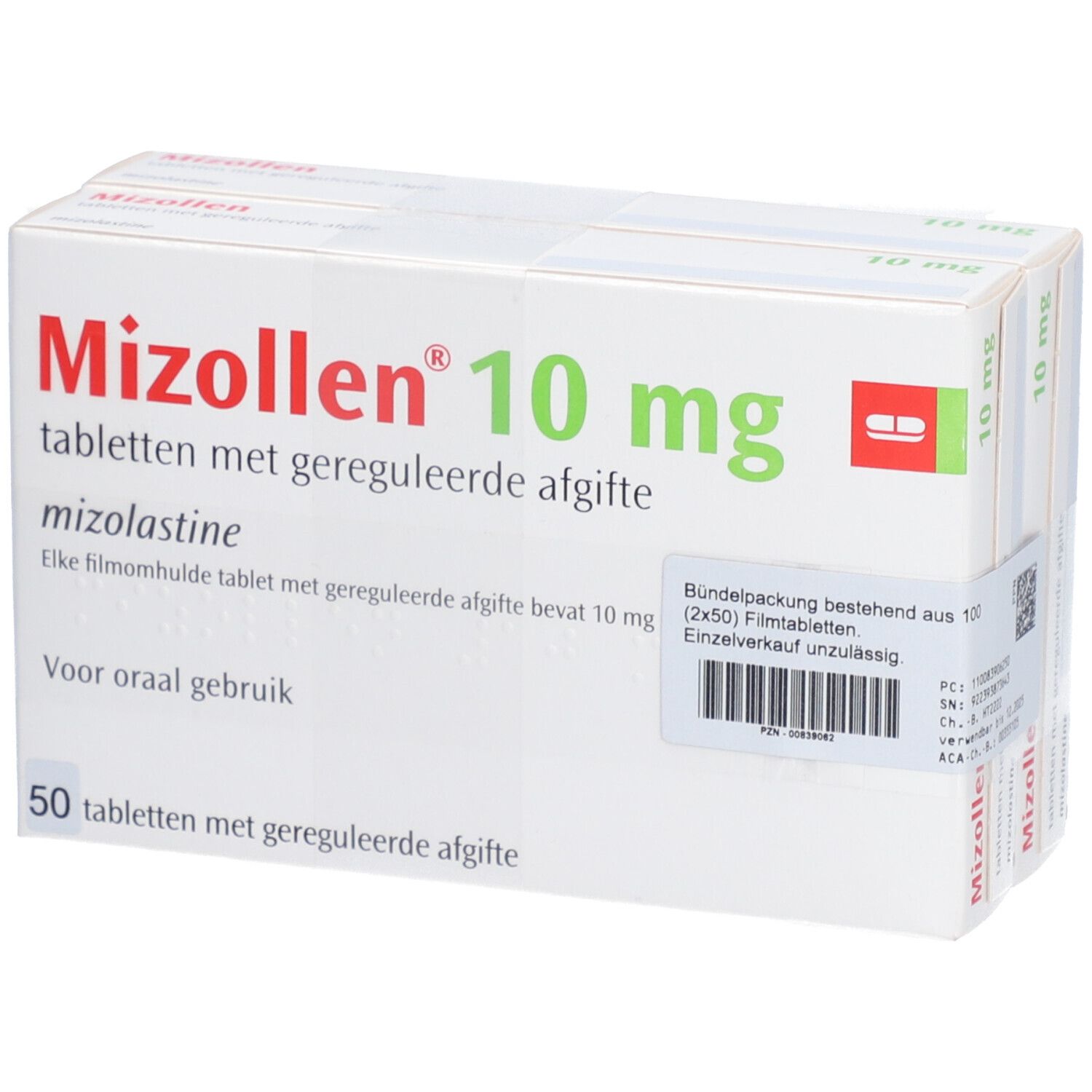 Verpackung von Mizollen 10 mg Tabletten. Aufschrift: Mizollen 10 mg, Tabletten mit geregelter Abgabe, 50 Tabletten.