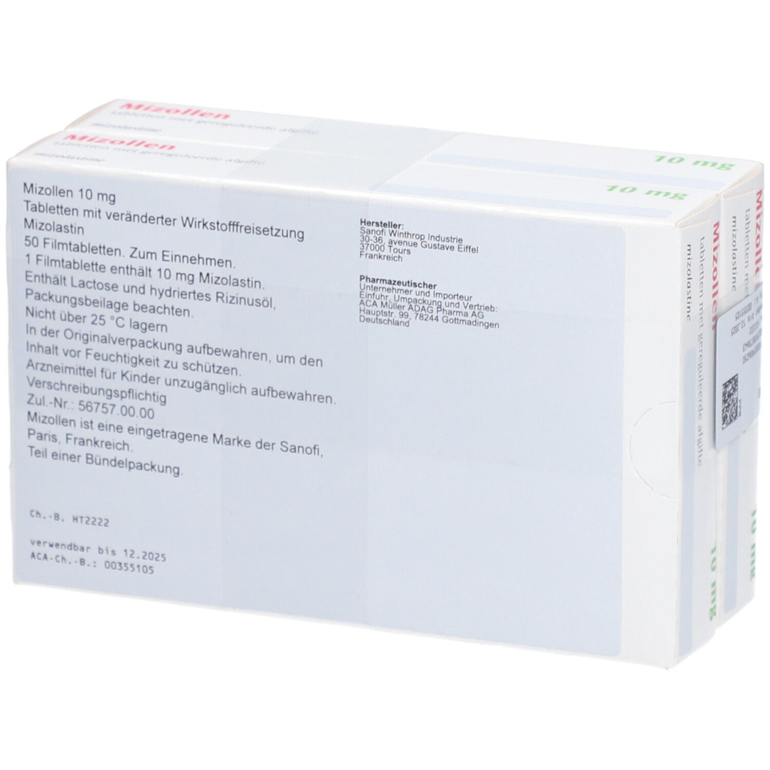 Rückseite einer Packung Mizollen 10 mg Tabletten. Text: Tabletten mit veränderter Wirkstofffreisetzung, 50 Filmtabletten.