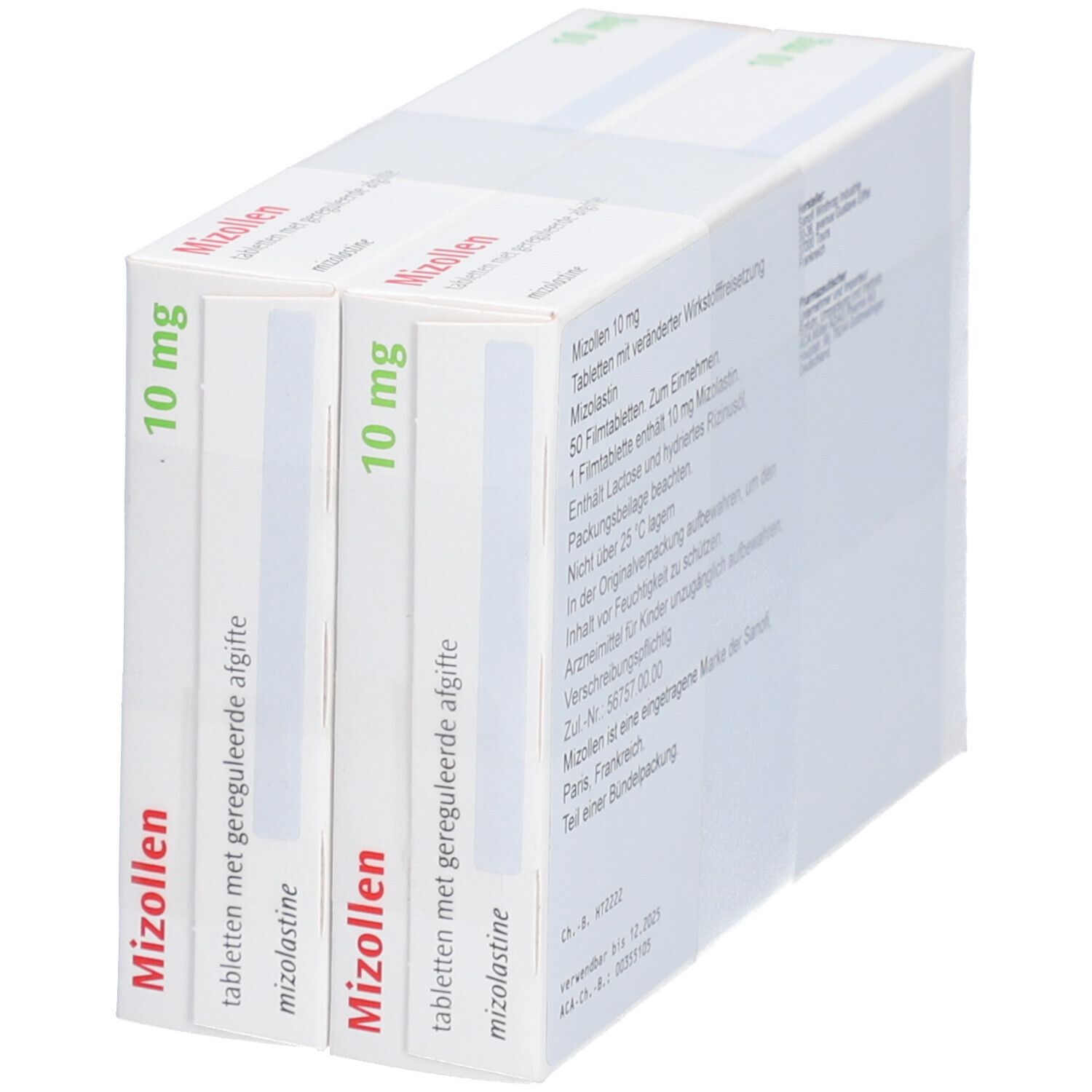 Zwei Packungen Mizollen 10 mg Tabletten. Aufschrift: Mizollen 10 mg, Tabletten mit geregelter Abgabe.