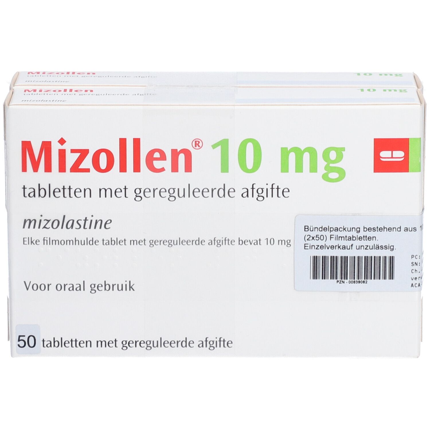 Verpackung von Mizollen 10 mg Tabletten. Aufschrift: Mizollen 10 mg, Tabletten mit geregelter Abgabe, 50 Tabletten.