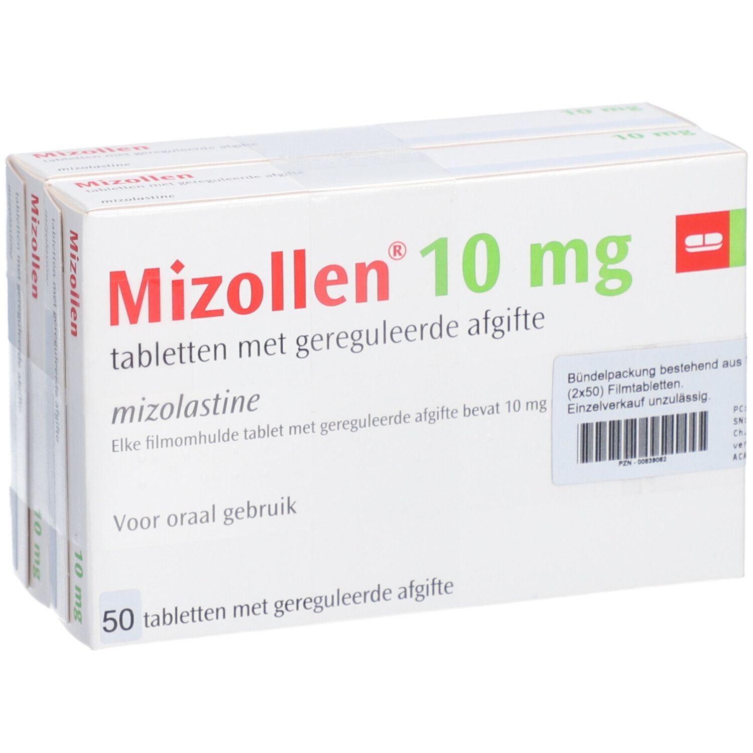 Mehrere Packungen Mizollen 10 mg Tabletten. Aufschrift: Mizollen 10 mg, Tabletten mit geregelter Abgabe.