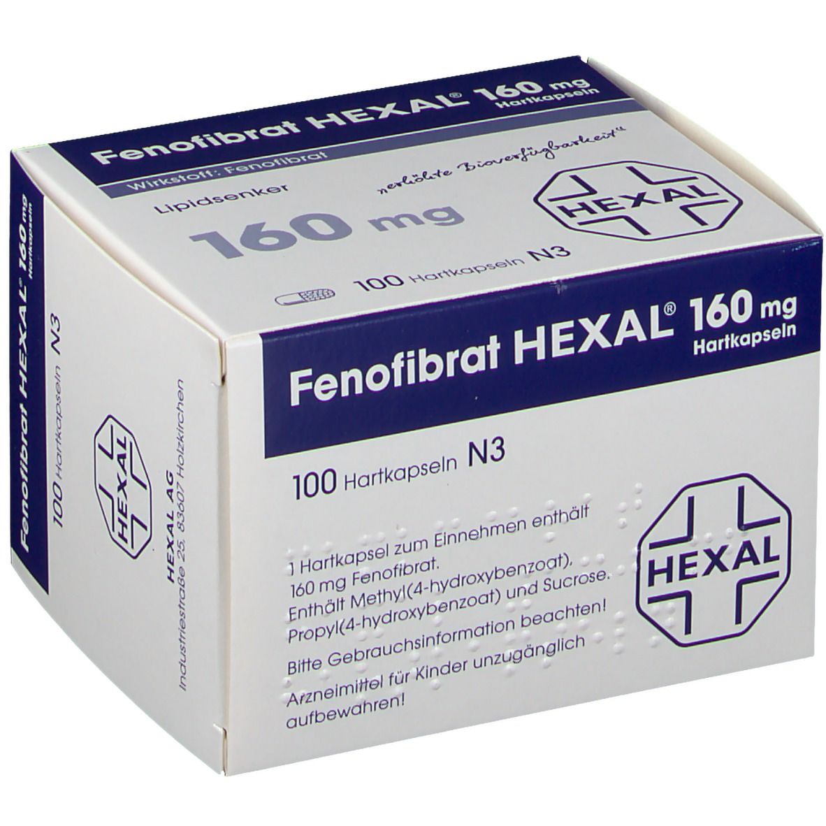 Weiße Schachtel mit Aufschrift "Fenofibrat HEXAL 160 mg Hartkapseln". Enthält 100 Kapseln. Logo von HEXAL.