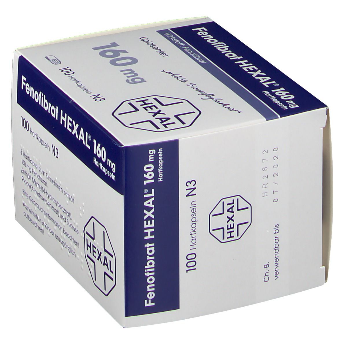Weiße Schachtel mit "Fenofibrat HEXAL 160 mg Hartkapseln". 100 Kapseln. HEXAL Logo. Verfallsdatum 07/2020.