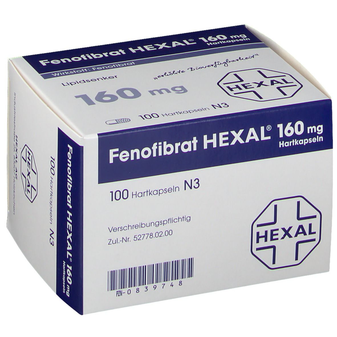 Weiße Schachtel mit "Fenofibrat HEXAL 160 mg Hartkapseln". 100 Kapseln. HEXAL Logo. Verschreibungspflichtig.