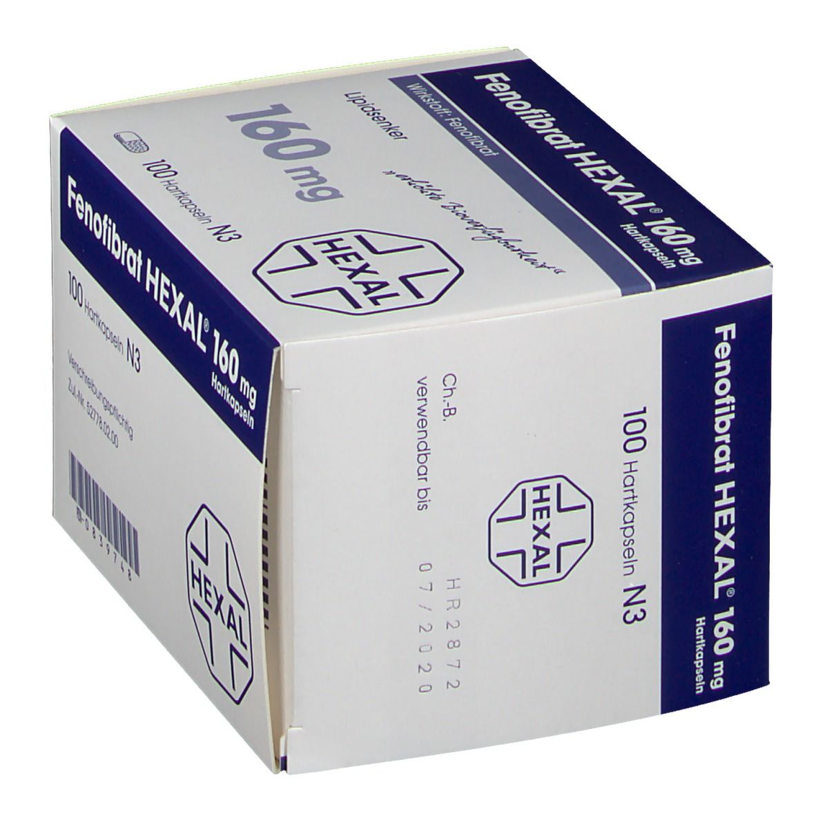 Weiße Schachtel mit "Fenofibrat HEXAL 160 mg Hartkapseln". 100 Kapseln. HEXAL Logo. Verfallsdatum 07/2020.