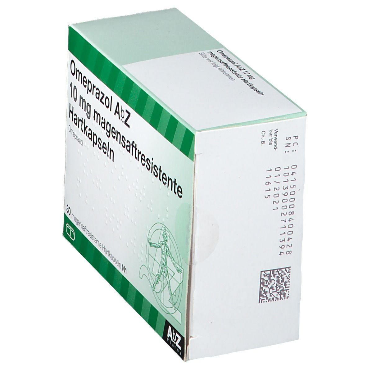 Schachtel Omeprazol AbZ 10 mg Hartkapseln, schräg. Grün-weiße Verpackung mit Produktinformationen und Logo.