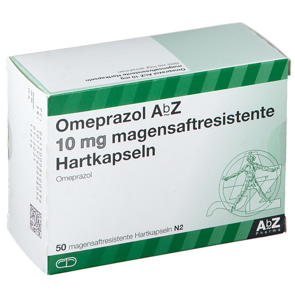 Schachtel mit Omeprazol AbZ 10 mg magensaftresistente Hartkapseln. Grün-weiße Verpackung, AbZ Pharma Logo.