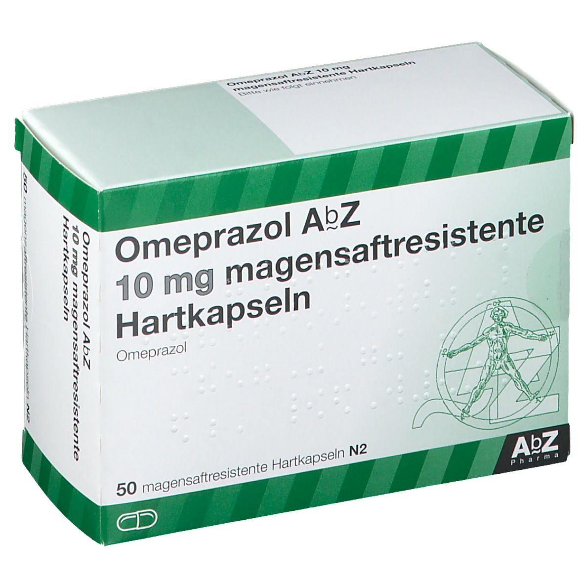 Omeprazol AbZ 10 mg Hartkapseln Schachtel. Grün-weiße Verpackung, AbZ Pharma Logo, 50 Kapseln.