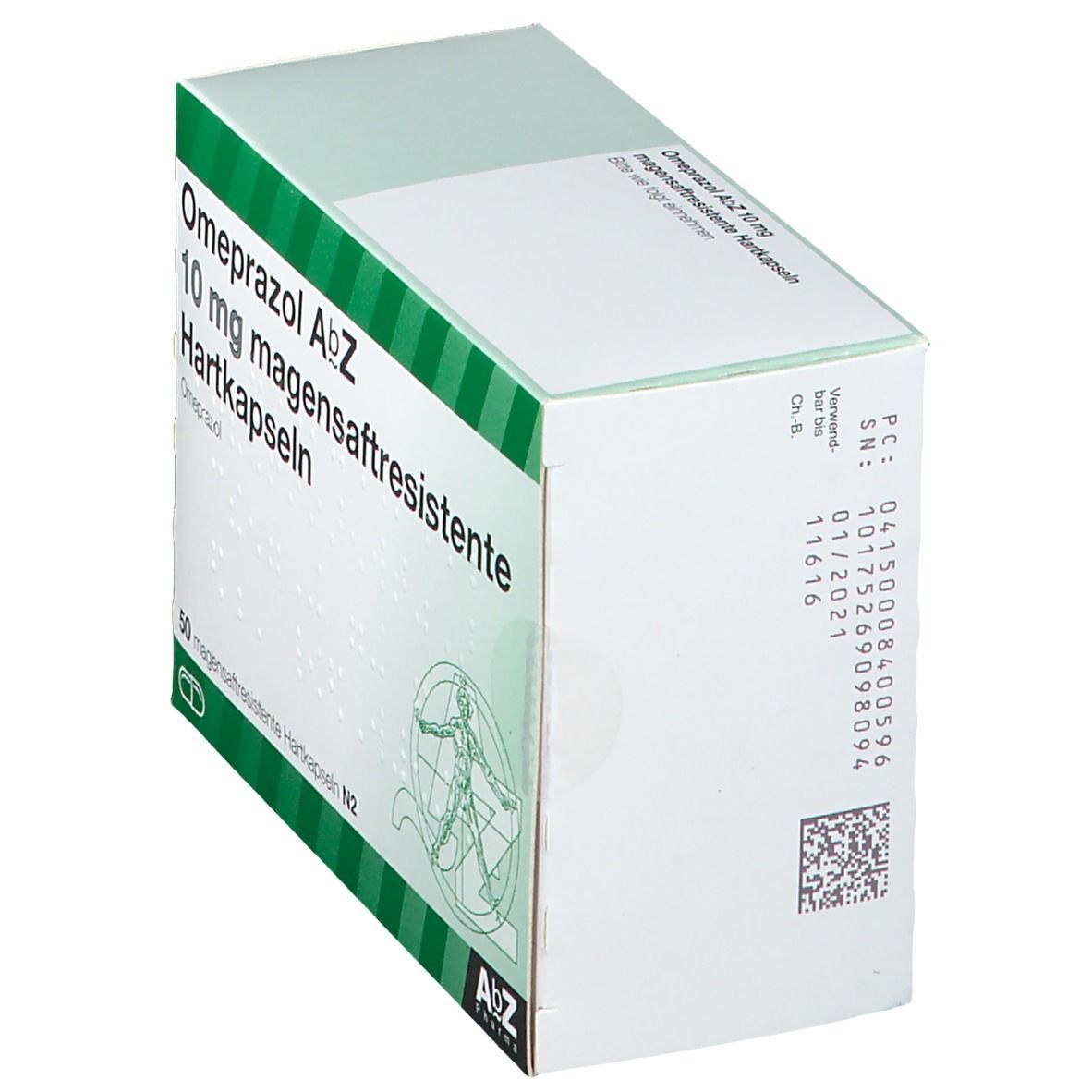 Omeprazol AbZ 10 mg Hartkapseln Schachtel, schräg. Grün-weiße Verpackung, AbZ Pharma Logo, 50 Kapseln.