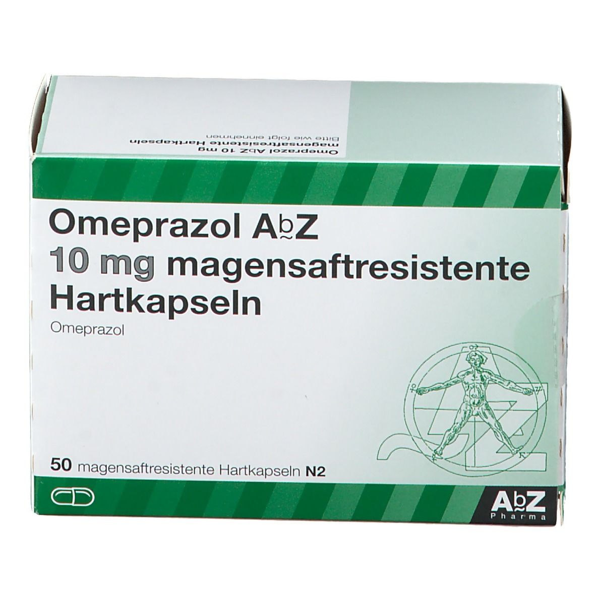 Omeprazol AbZ 10 mg Hartkapseln Schachtel. Grün-weiße Verpackung, AbZ Pharma Logo, 50 Kapseln.