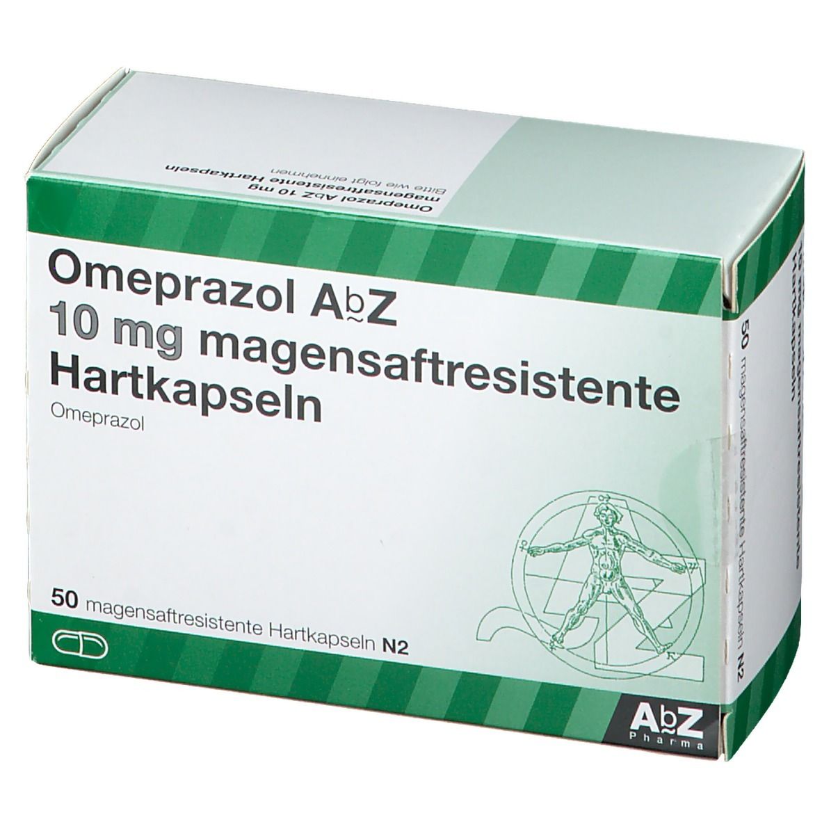 Omeprazol AbZ 10 mg Hartkapseln Schachtel. Grün-weiße Verpackung, AbZ Pharma Logo, 50 Kapseln.