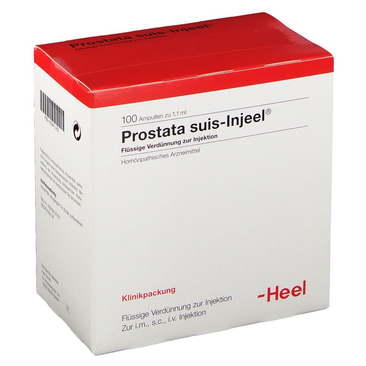 Karton mit "Prostata suis-Injeel® Ampullen". Roter Deckel, weiße Box. "100 Ampullen", "Flüssige Verdünnung zur Injektion". Marke: Heel.