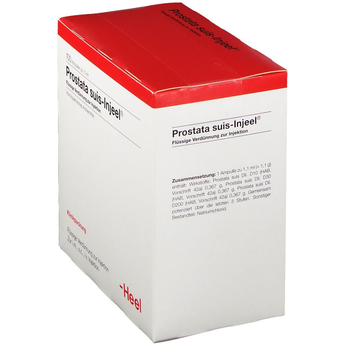 Karton "Prostata suis-Injeel® Ampullen". Roter Deckel, weiße Box. Text: Zusammensetzung, Wirkstoffe. Marke: Heel.