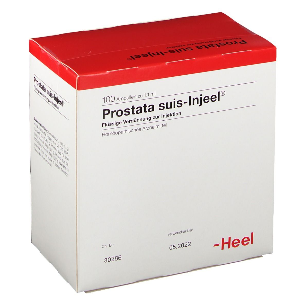 Karton "Prostata suis-Injeel® Ampullen". Roter Deckel, weiße Box. "100 Ampullen", Verfallsdatum. Marke: Heel.