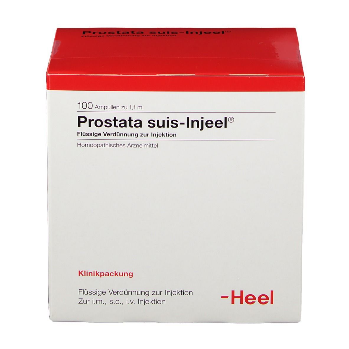 Karton "Prostata suis-Injeel® Ampullen". Roter Deckel, weiße Box. "100 Ampullen", "Flüssige Verdünnung". Marke: Heel.