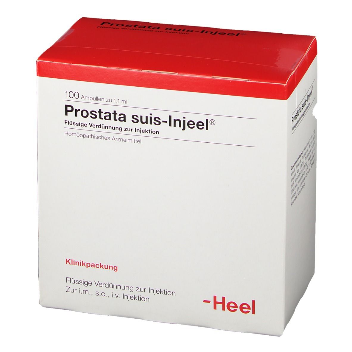 Karton "Prostata suis-Injeel® Ampullen". Roter Deckel, weiße Box. "100 Ampullen", "Flüssige Verdünnung". Marke: Heel.