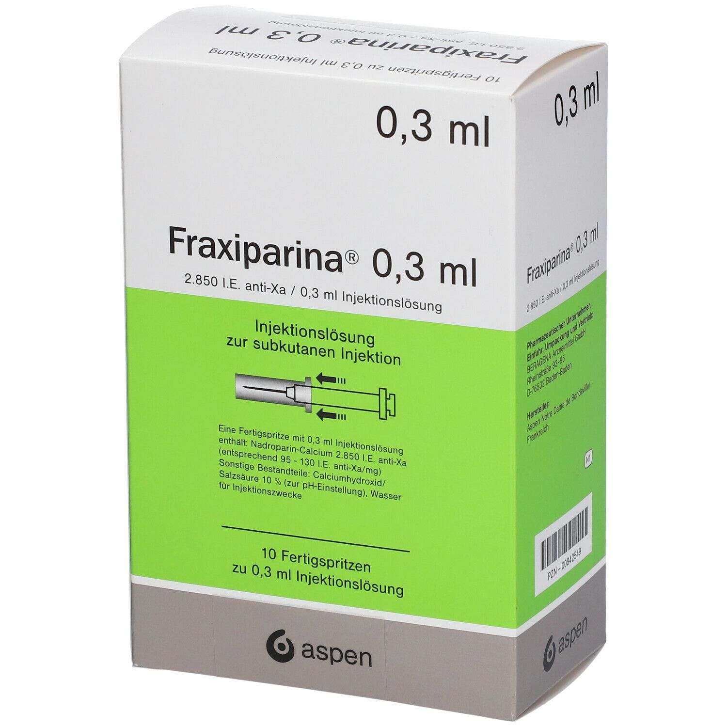 Schachtel mit Fraxiparina 0,3 ml. Grüne und weiße Verpackung. Enthält 10 Fertigspritzen. Aspen-Logo.