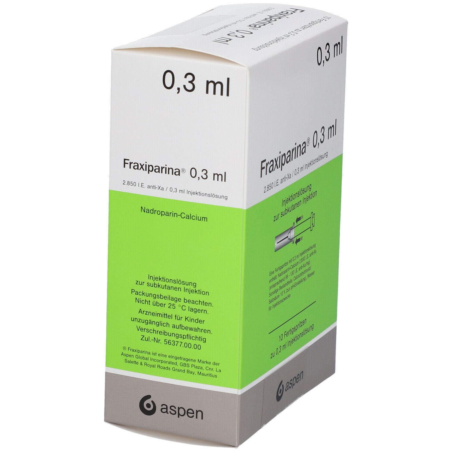 Schachtel mit Fraxiparina 0,3 ml. Grüne und weiße Verpackung. Enthält 10 Fertigspritzen. Aspen-Logo.