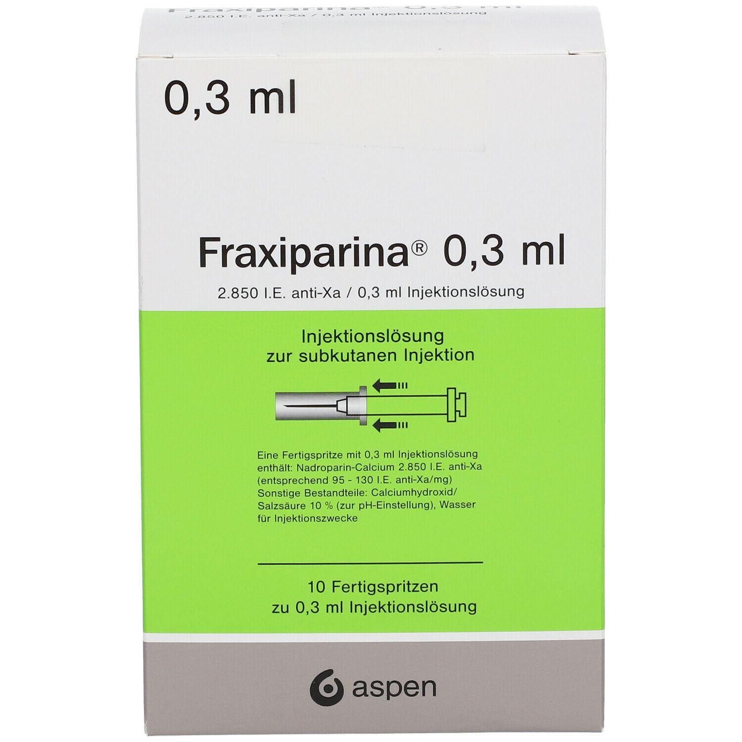 Schachtel mit Fraxiparina 0,3 ml. Grüne und weiße Verpackung. Enthält 10 Fertigspritzen. Aspen-Logo.