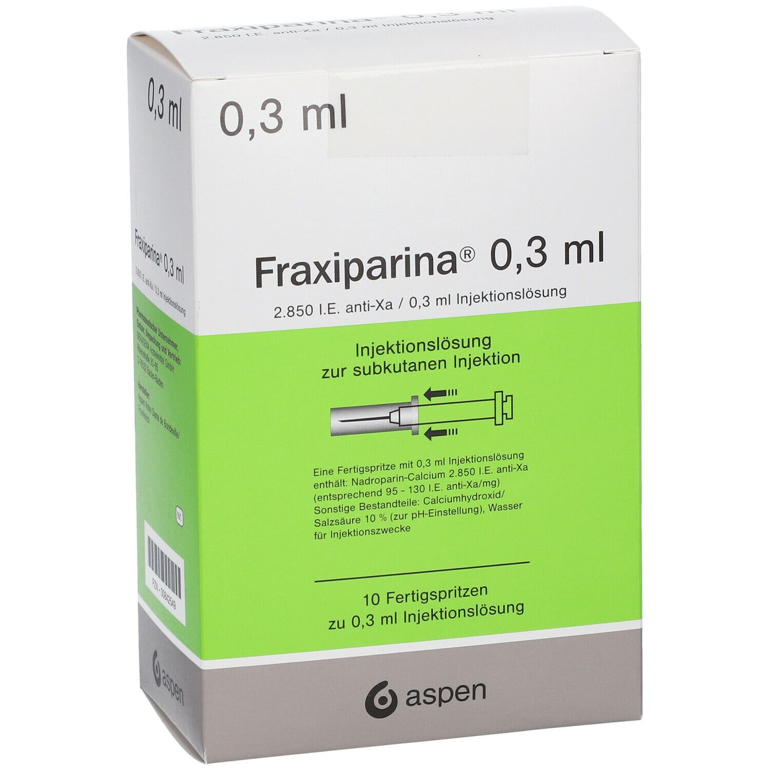 Schachtel mit Fraxiparina 0,3 ml. Grüne und weiße Verpackung. Enthält 10 Fertigspritzen. Aspen-Logo.