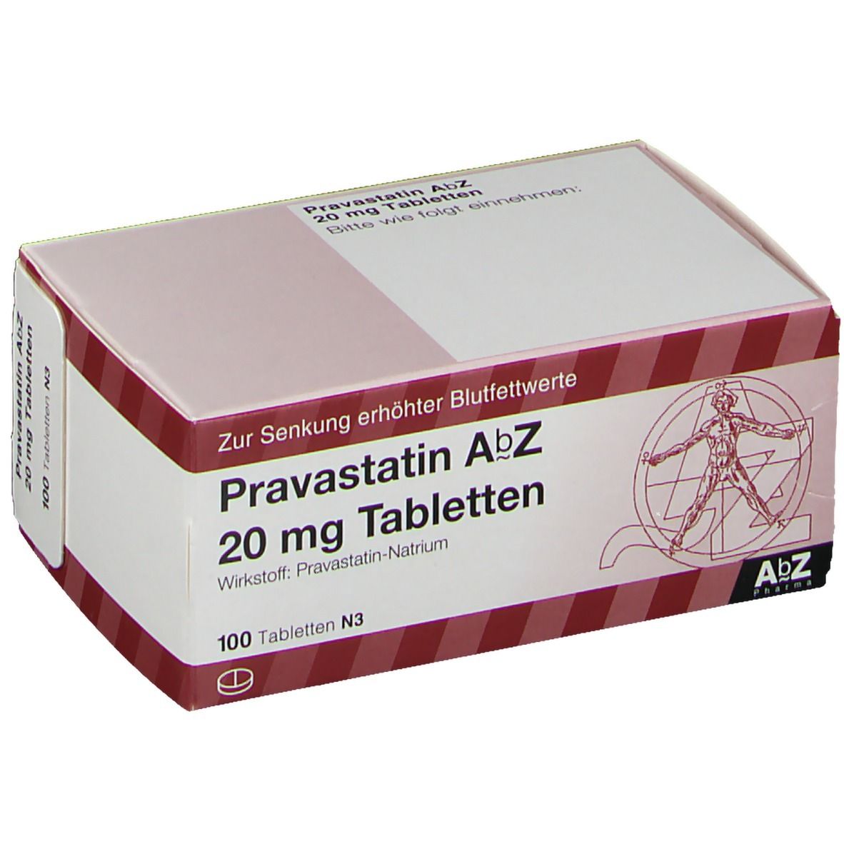 Verpackung von Pravastatin AbZ 20 mg Tabletten. Rote und weiße Schachtel mit Produktinformationen und Logo.