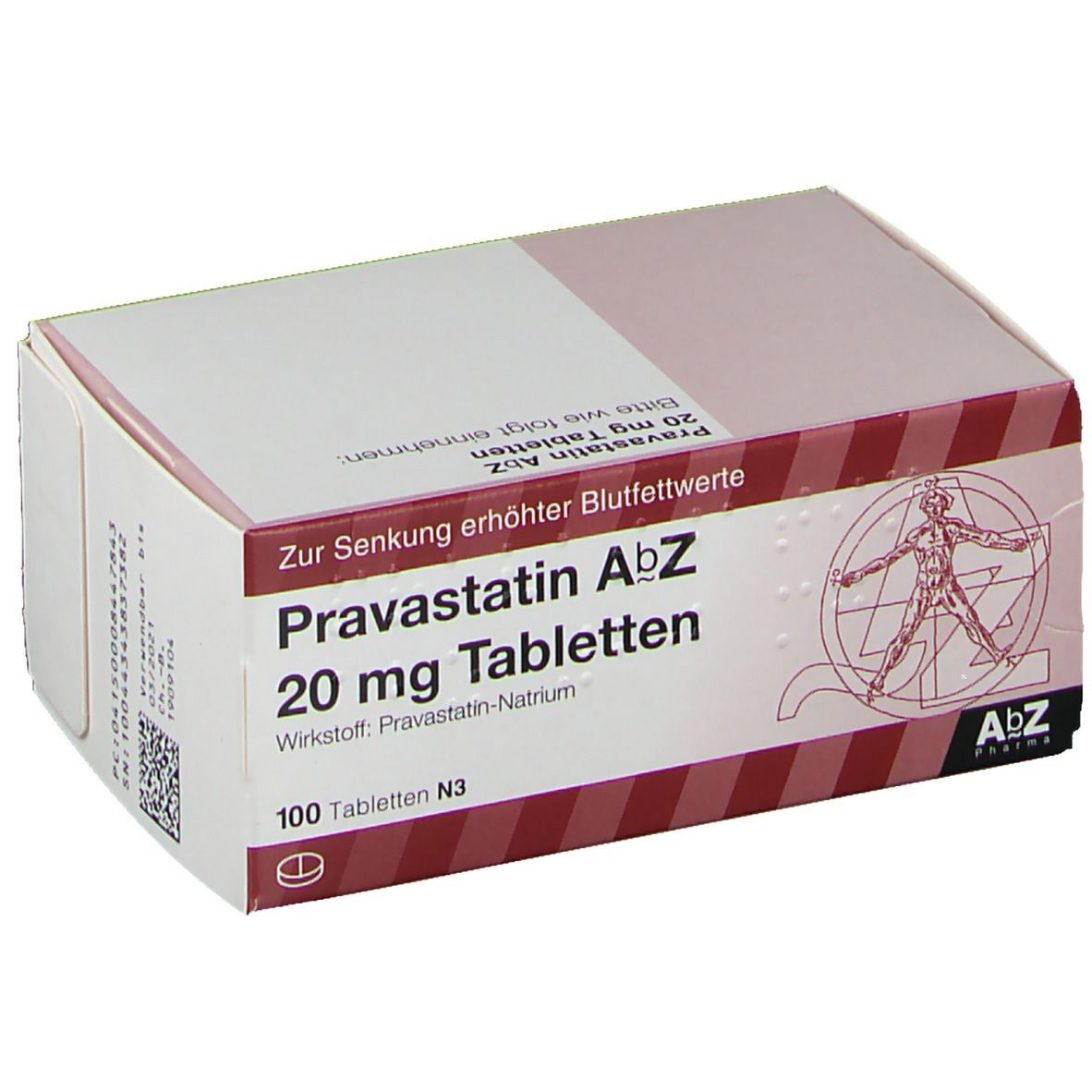 Pravastatin AbZ 20 mg Tabletten-Verpackung. Schachtel mit Produktnamen, Dosierung und Logo. 100 Tabletten.