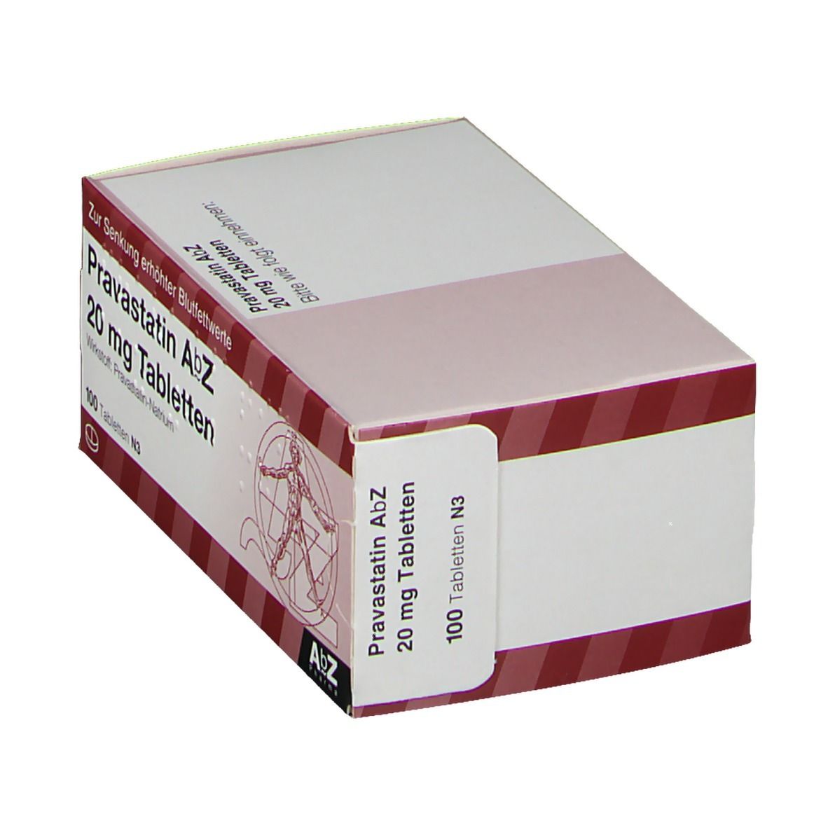 Pravastatin AbZ 20 mg Tabletten-Verpackung. Schachtel mit Produktnamen, Dosierung und Logo. 100 Tabletten.