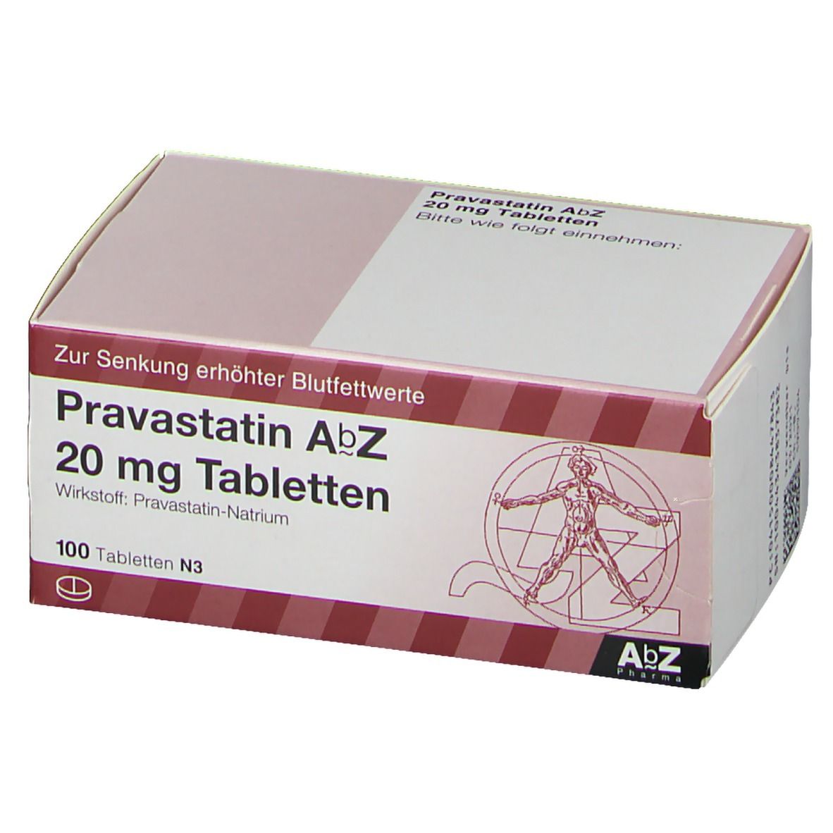 Pravastatin AbZ 20 mg Tabletten-Verpackung. Schachtel mit Produktnamen, Dosierung und Logo. 100 Tabletten.