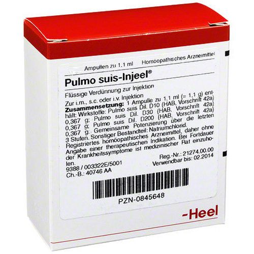 Karton mit Aufschrift Pulmo suis-Injeel®. Roter Deckel. Text in deutscher Sprache. Heel-Logo.