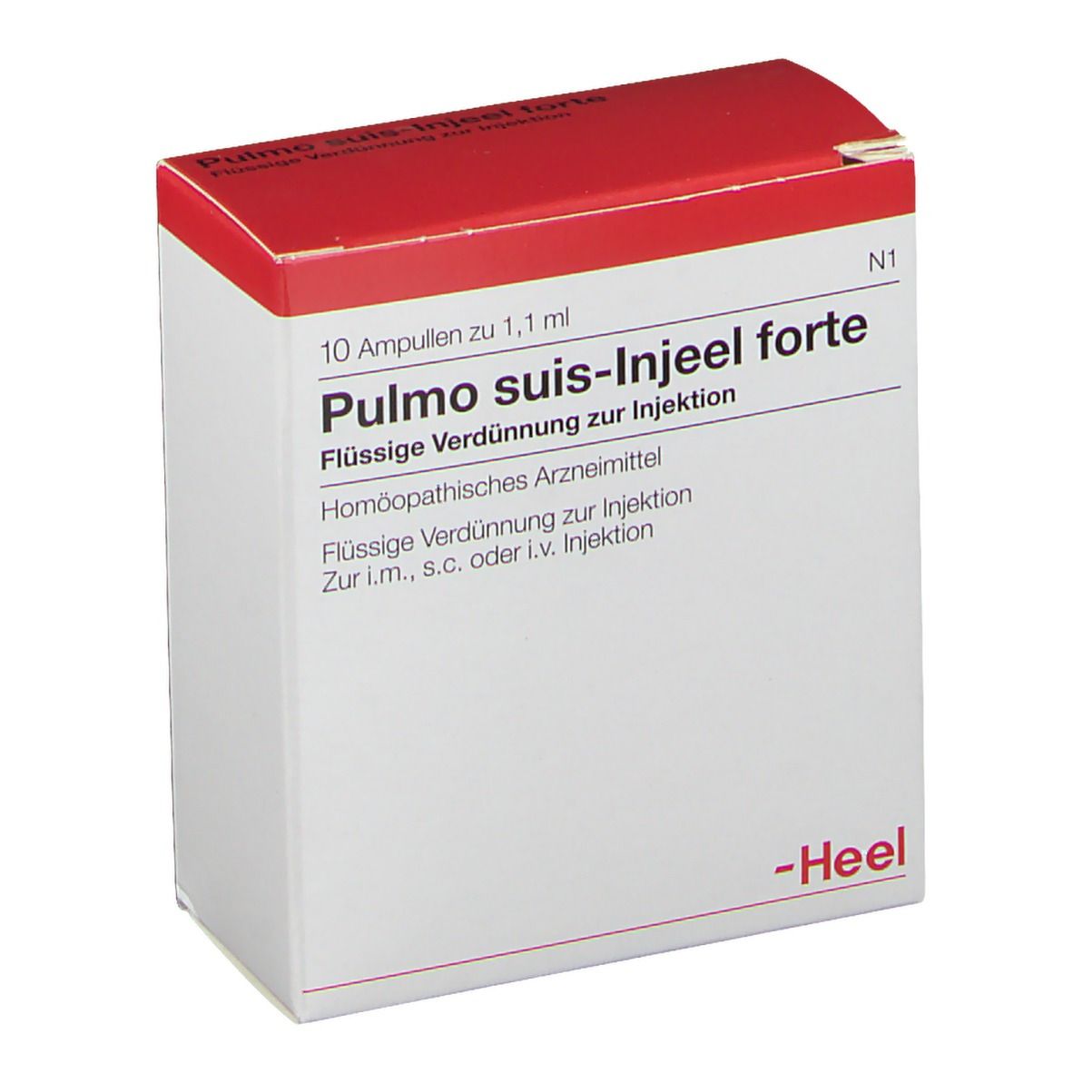 Karton mit rotem Deckel. Beschriftung: Pulmo suis-Injeel forte, 10 Ampullen. Marke: Heel.