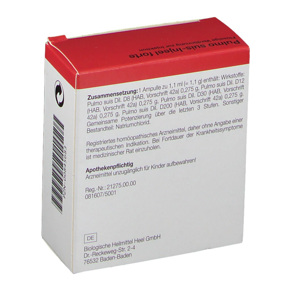 Rückseite der Verpackung. Text mit Inhaltsstoffen und Herstellerinformationen. Apothekenpflichtig. Marke: Heel.