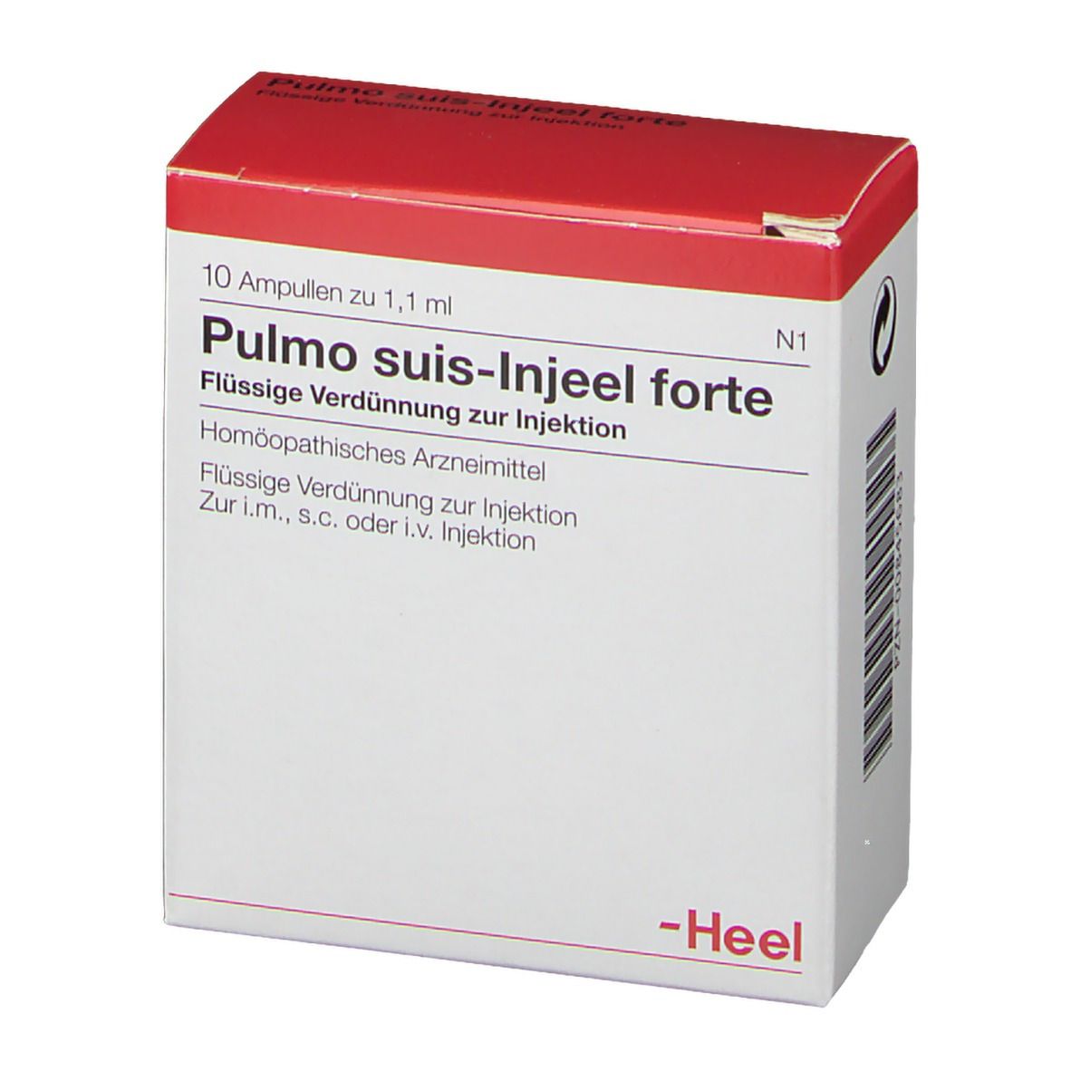 Karton mit rotem Deckel. Beschriftung: Pulmo suis-Injeel forte, 10 Ampullen. Marke: Heel.