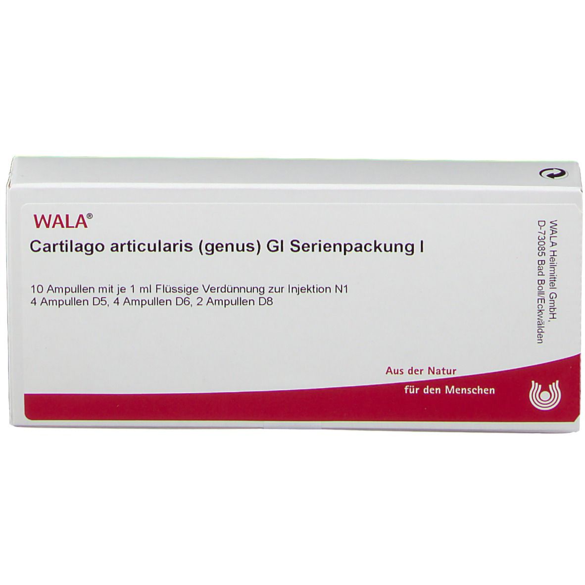 Weiße rechteckige Schachtel mit rotem Streifen. Beschriftung: WALA Cartilago articularis (genus) GI Serienpackung I. 10 Ampullen, 1 ml Flüssige Verdünnung.