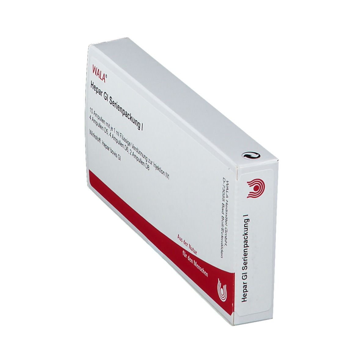 WALA® Hepar Gl Serienpackung I. Weiße Schachtel, schräg. Rote Schrift. Enthält Ampullen. Text: 10 Ampullen, 4 Ampullen D5, 2 Ampullen D6.