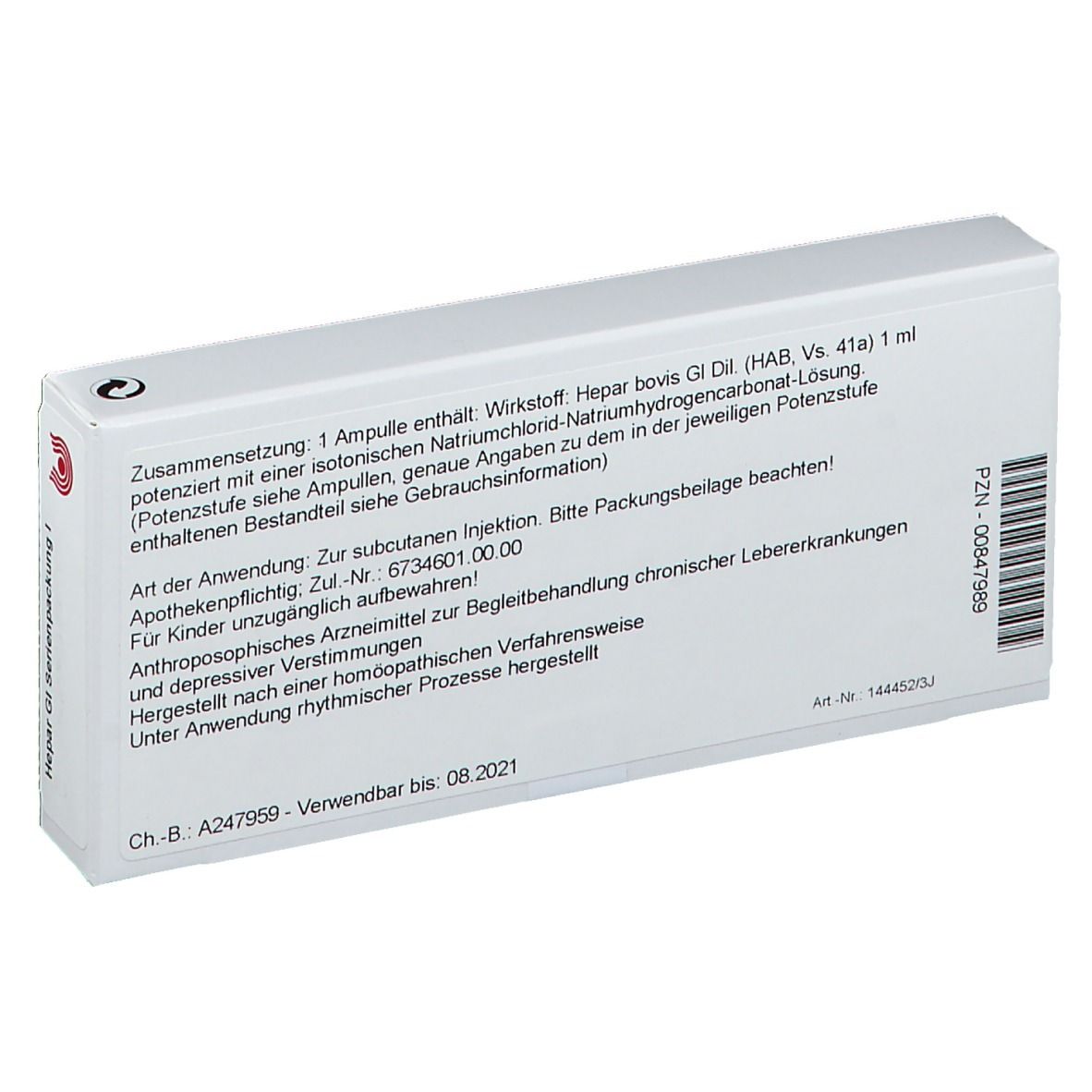 Rückseite der WALA® Hepar Gl Serienpackung I. Weiße Schachtel mit Text. PZN-00847989. Verwendbar bis 08.2021. Enthält Informationen.