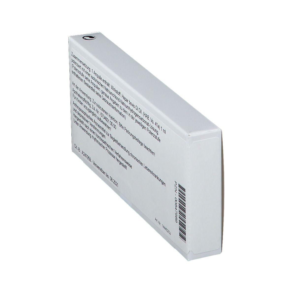 Rückseite der WALA® Hepar Gl Serienpackung I. Weiße Schachtel, schräg. Text und Barcode. Verwendbar bis 08.2021.