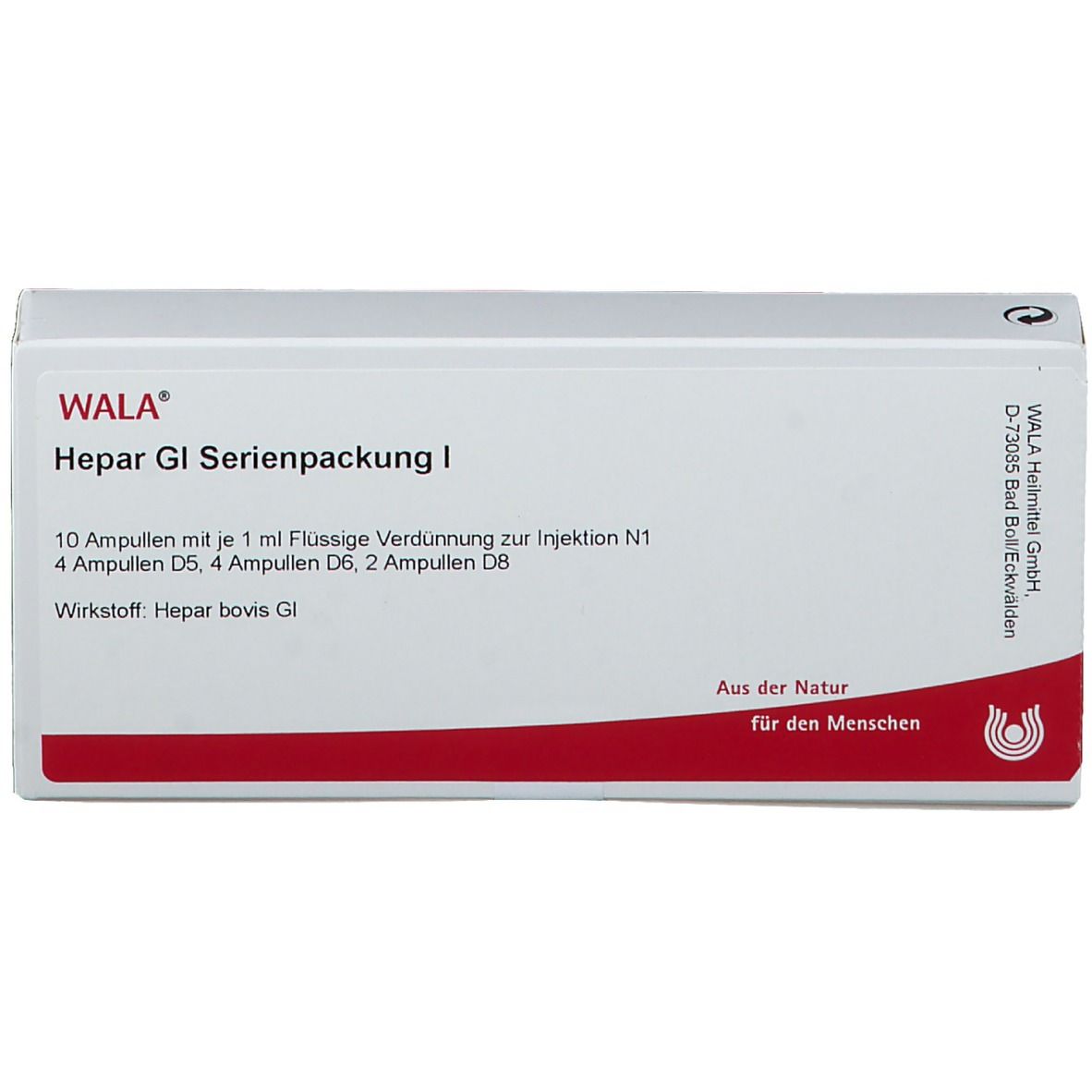 WALA® Hepar Gl Serienpackung I. Weiße Schachtel mit roter Schrift. Enthält Ampullen. Text: 10 Ampullen, 4 Ampullen D5, 2 Ampullen D6.